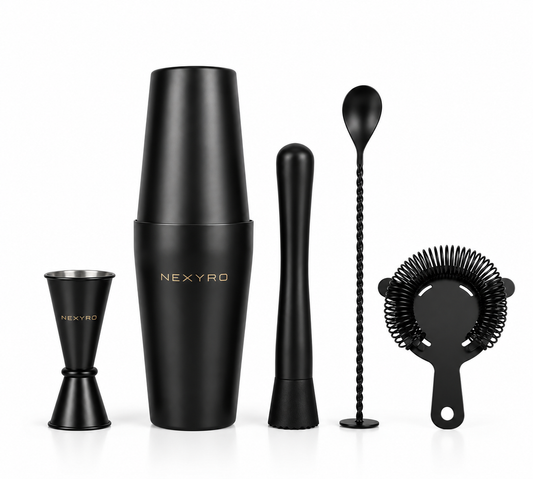 Mattschwarzes 6-teiliges Cocktail Shaker Set mit Boston Shaker, Jigger, Muddler, Barlöffel und Barsieb

